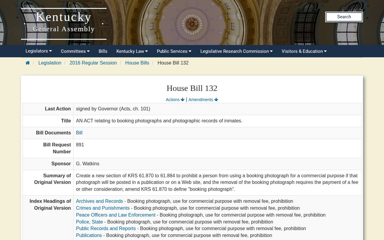 Kentucky General Assembly HB 132 legislative history page