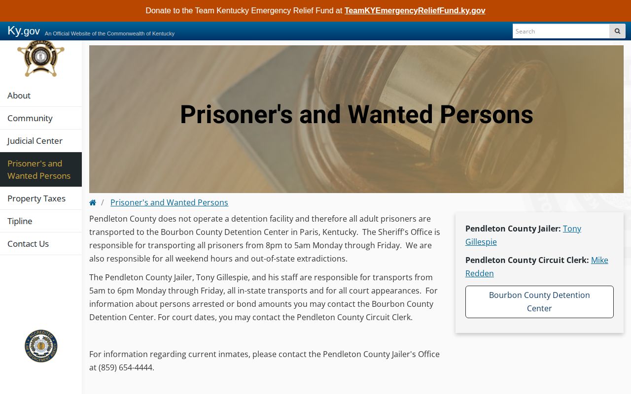 Official Pendleton County prisoner information describing transport to Bourbon County