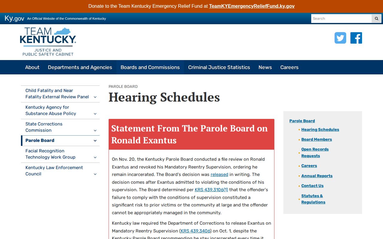 Kentucky Parole Board schedules relevant to Bourbon County parole records
