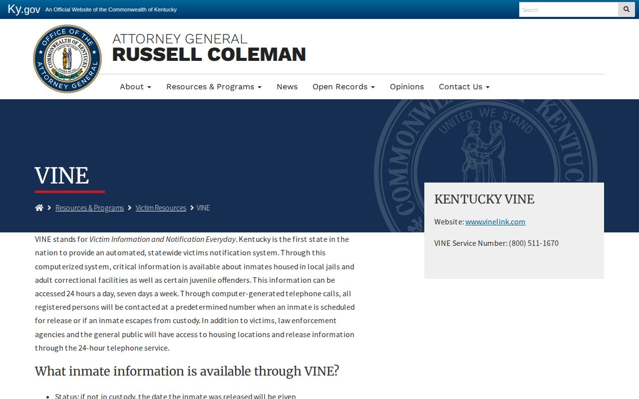 Kentucky VINE release notification instructions for Bourbon County inmate alerts